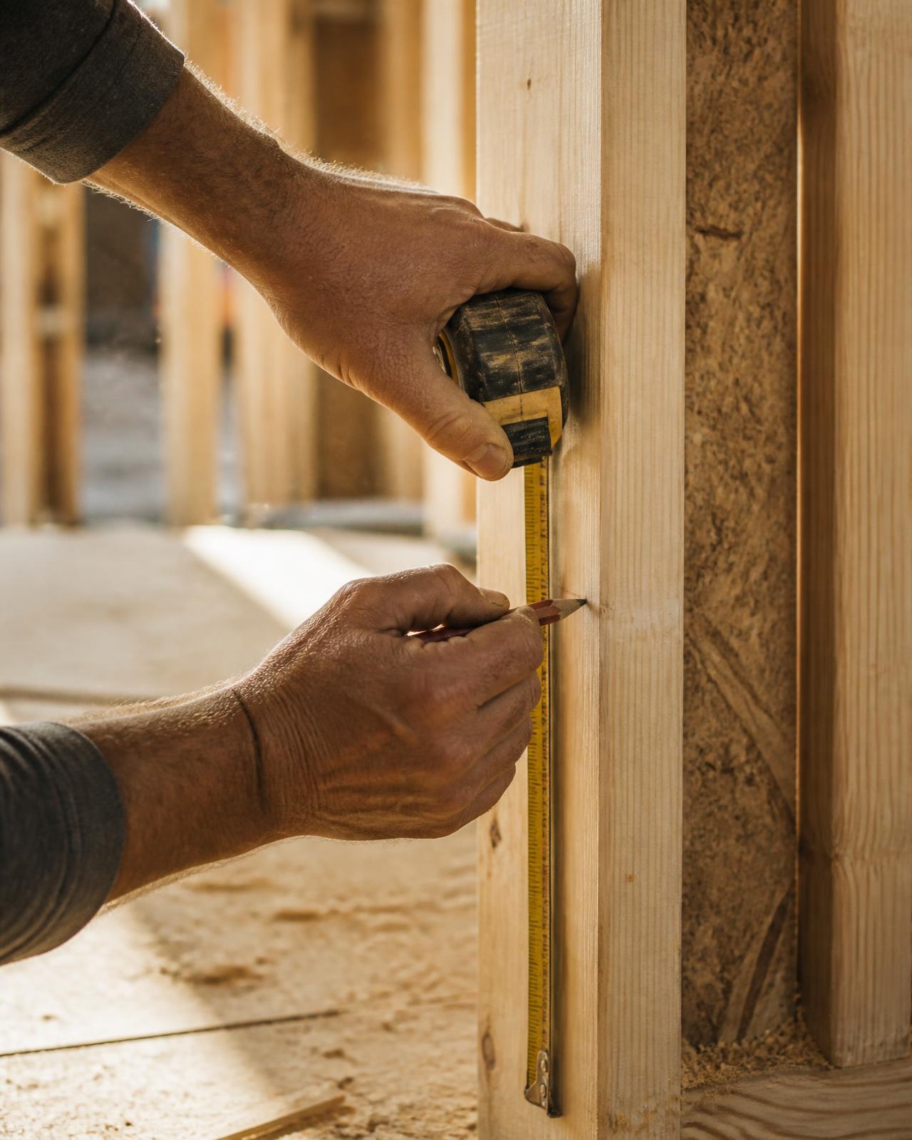 Contractor measuring and marking a new wood stud wall on a job site