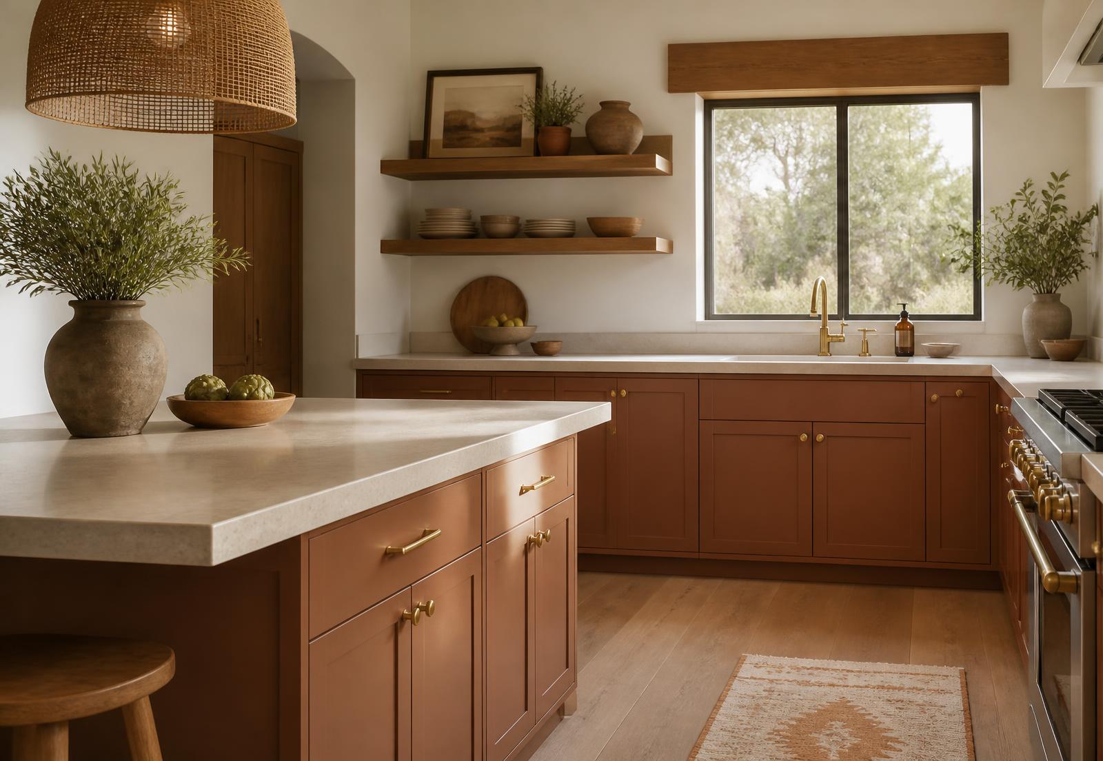 Warm remodeled residential kitchen with clay cabinetry and stone countertops